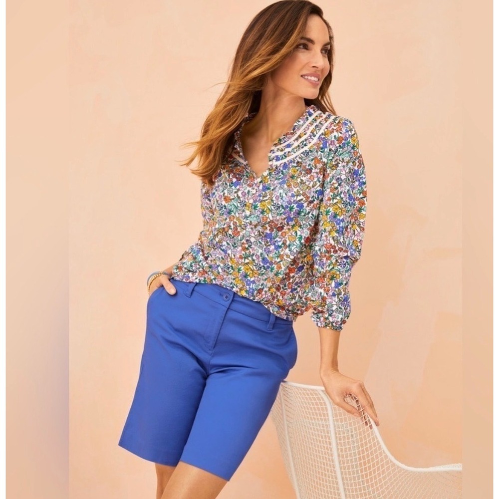 Talbots Floral Blouse XP Multicolor Excellent Ruffle Neck Cotton Piping Top